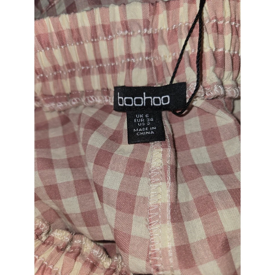 Boohoo Gingham Ruffle Hem Floppy Shorts Dusty Red Pink Elastic Waist Casual NWT - Image 3 of 4
