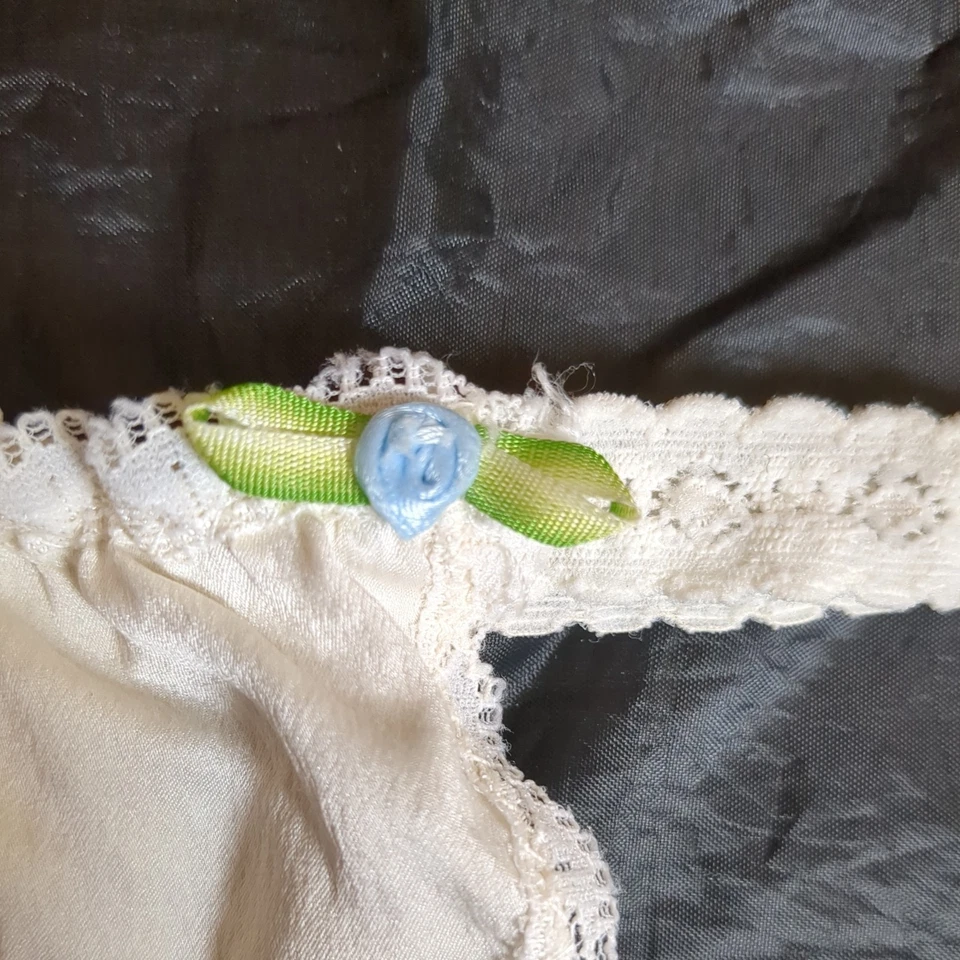 Vintage Hanky Panky White Silk Blue Flowers Sissy Thong Panties One Size NWOT - Image 3 of 4