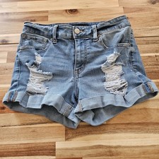 Aeropostale High Rise Midi Blue Jean Shorts Size 6 Distressed Denim Cuffed