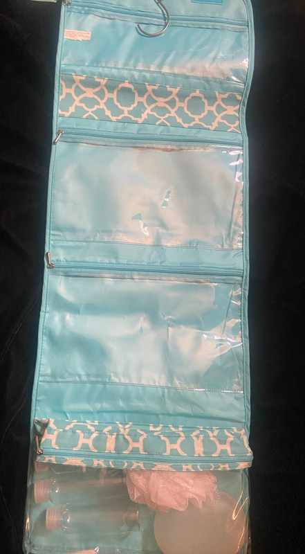 Waverly Hanging Travel Organizer New Aqua Blue with bottles, puff, soap dish