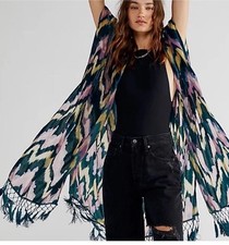 Free People Dripping Velvet Burnout Fringe Kimono One Size Teal Purple Boho