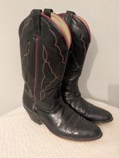 Vtg Acme Black Leather Cowboy Boots Mens 9D USA Made Embroidered Red