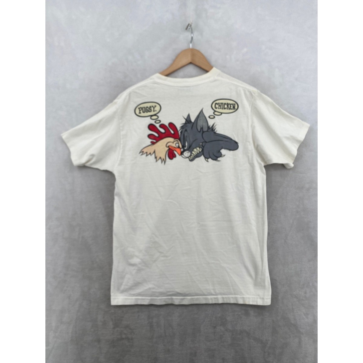 No Fear Graphic T-Shirt Mens Large Cream Vintage 90s Pussy Chicken