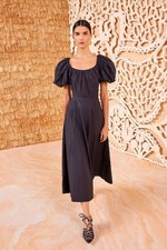 Ulla Johnson Imara Midi Dress Black Short Puff sleeves pockets Womens Size 6