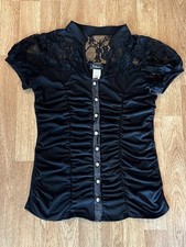 Vintage Y2K 90s Black Lace Whimsigoth Ruched Top Taboo Coquette L