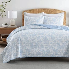 Floral Quilt Set King Size 3 Pieces, Blue Flower Fine Printed Reversible Bota...
