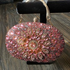 RAMLA Handmade Rhinestone Embellished Clutch Evening Bag Pink Gold Crystal