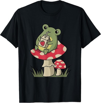 Cottagecore Frog Drinking Strawberry Milk Mushroom Unisex-Adults & Kids Black Co