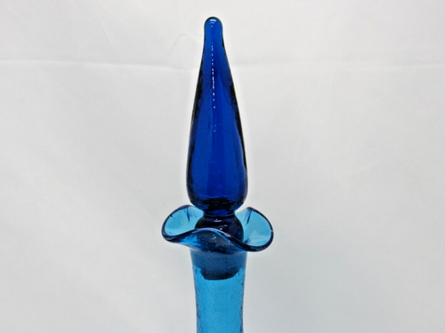 Vintage Blue Crackle Glass Genie Bottle Decanter Teardrop Top Ruffle Rim 13" - Picture 4 of 14