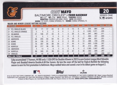 2025 Topps MLB Baseball Series 1 No. 20 Coby Mayo Orioles - Bild 2 von 2