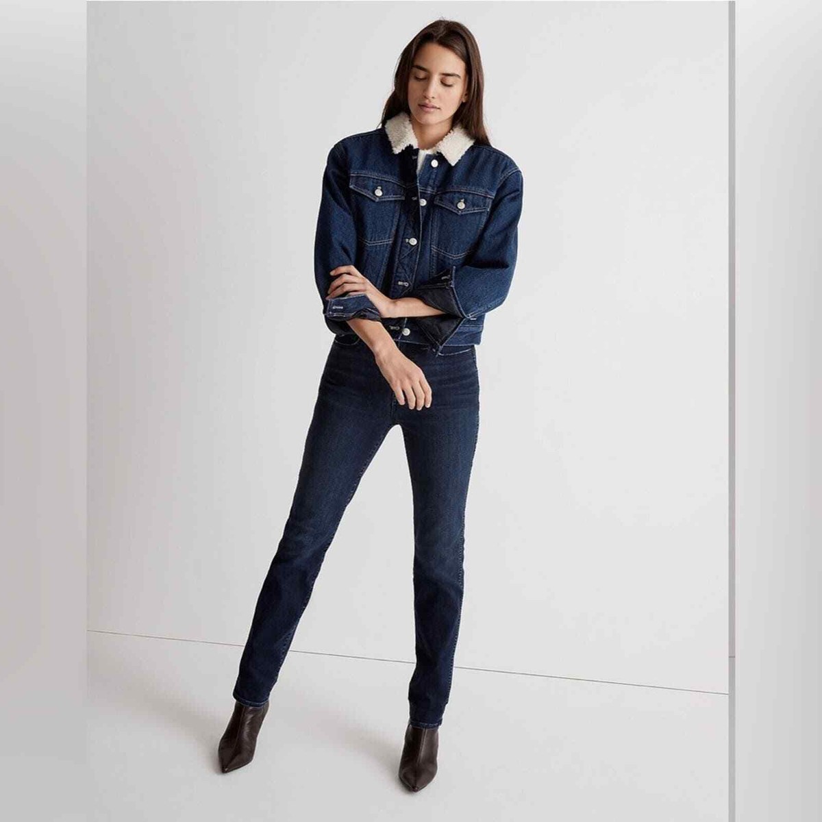 NEW Madewell Cropped Oversized Trucker Jean Jacket: Sherpa Collar Edition  Size L