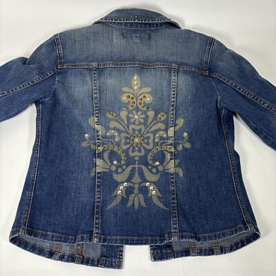Karen Kane Cropped Denim Jacket Womens Sz S Studs Floral Print Medium  Wash USA