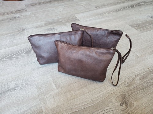 Brown Leather Bag, Clutch Wristlet Handbags, Small Cosmetic Bag, Cosmos - Picture 7 of 10