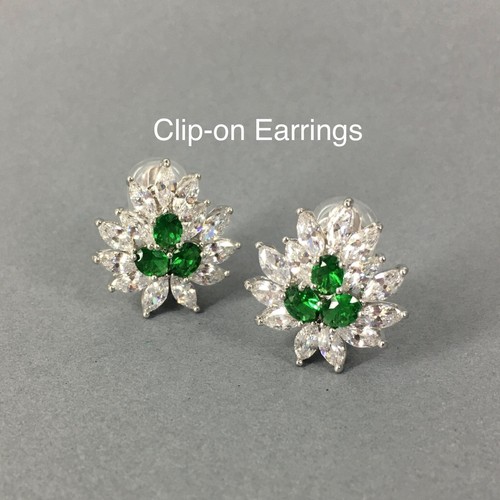 CZ Clip On Emerald Green Silver Stud Earrings Wedding Bridal Non Piercing Ears - Bild 1 von 5