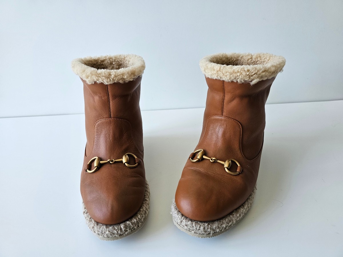 Gucci Fria Shearling Caremel Brown Horsebit Leather Ankle Boots 36
