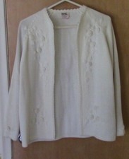 Vintage 1960  s Montgomery Ward White Cardigan Sweater, Size 42, Embroidered Trim