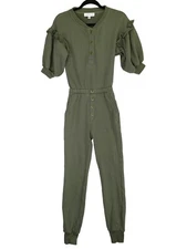 SOMETHING NAVY Olive Green Ruffle Sleeve Henley Jumpsuit Size XXS