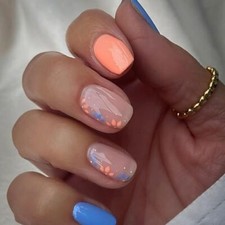Blue Press on Nails Short Fake Nails Square Acrylic Nails Floral Floral designs