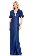Ieena Mac Duggal Blue Sapphire Flounce Sleeve Satin Trumpet Gown Size 8 $398