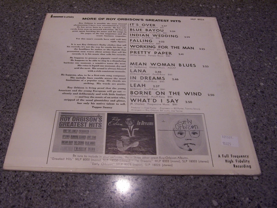 Roy Orbison "More of Roy Orbison's Greatest Hits" MONUMENT LP MLP-8024 - Image 3 of 3