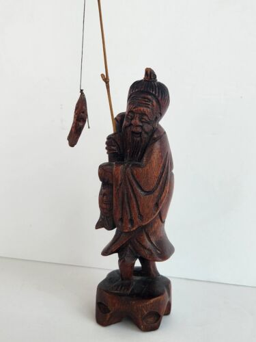 Vintage Asiatico Intagliato Legno Pescatore Vecchio Uomo Figura Pesca Barba Palo Saggio - Foto 4 di 13