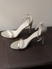 Stuart Weitzman Nudistsong Sandal Heels Stiletto Sz 11 M champagne gold/silver