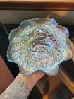 Odd ColorSuper Fenton Carnival Glass Aqua Sapphire?  Peacock & Urn Ruffled Bowl