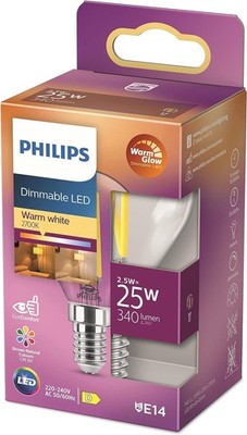 Philips LED Classic E14 WarmGlow 25W Tropfenform klar warmweiß dimmbar Filament