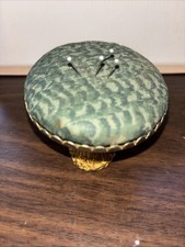Vintage Gold Tone Metal Green Fabric Mushroom Toadstool Pin Cushion MCM