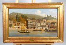 Obraz olejny Theodore Frere 1814-1888 Orientalista Bosfor Turcja Domy drewniane 21x37