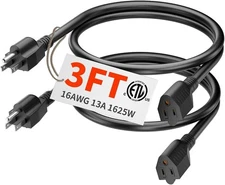 2 Pack of 3Ft Black Outdoor Extension Cord 16/3 Gauge Waterproof, Cold Weatherpr