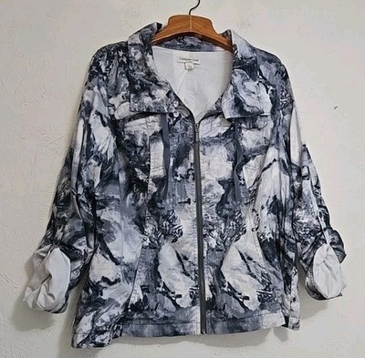 Coldwater Creek Sz 18 Front Zip 80s Vibe Jacket Abstract Print Gray White Active