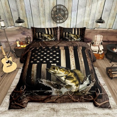 3D Bass Fish Bedding Set for Hunter Men Room Decor,Vintage King,