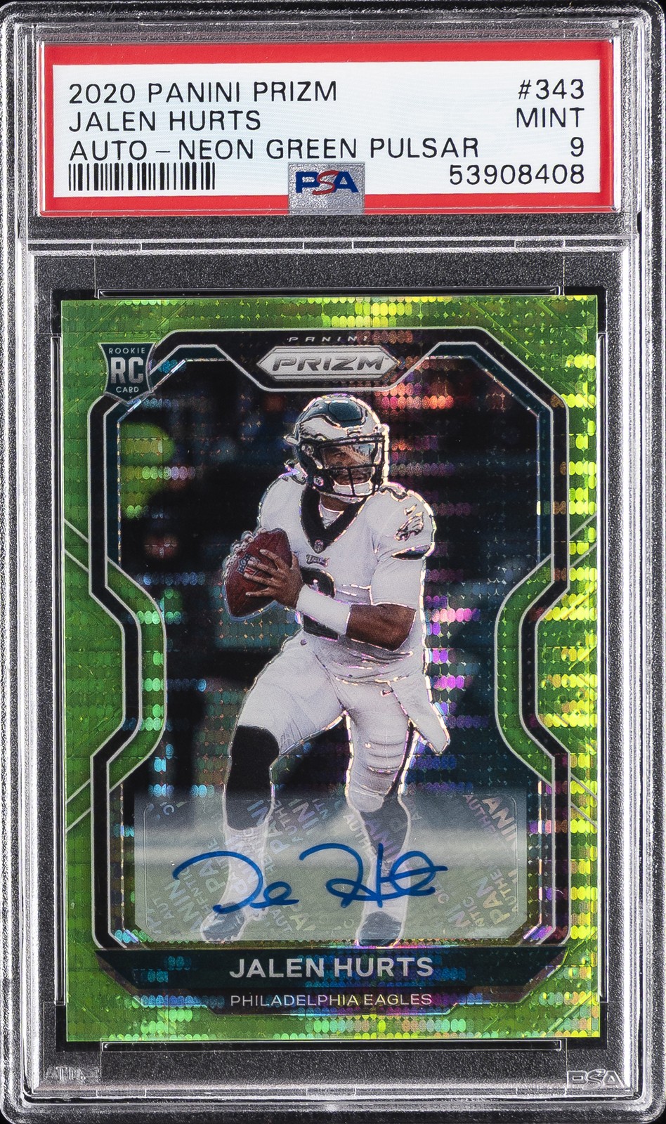 2020 PANINI PRIZM AUTO-NEON GREEN PULSAR #343 JALEN HURTS ROOKIE RC PSA 9