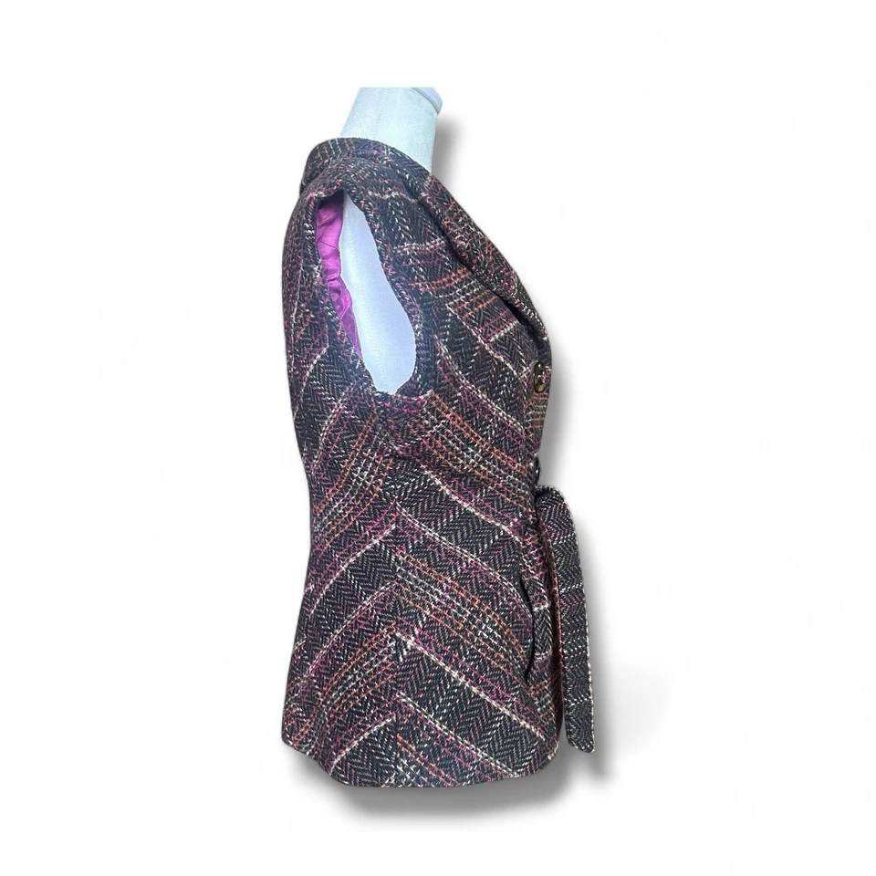 Chaqueta Chaleco Cabi Para Mujer Sin Mangas a Cuadros Mezcla Lana S Cinturón Botón Retro Foto 3 de 4