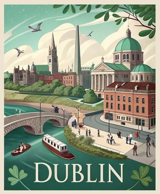 Authentic Dublin Ireland Travel Poster - Vintage Style Emerald Isle Art Print_mo
