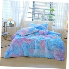 Kids Girls Faux Fur Comforter Sets - 3PC Bed Set Soft Twin/Full Blue Rainbow