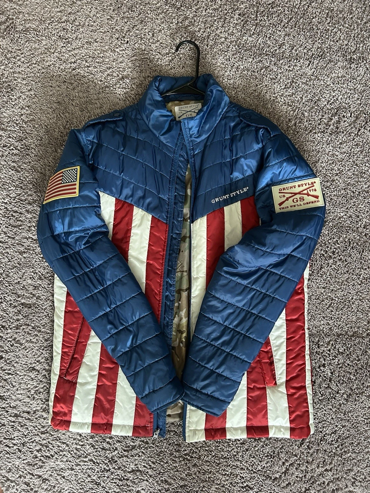 Grunt Style Men's L Puffer Jacket Full Zip Lined Blue USA Flag Stripe RN142186