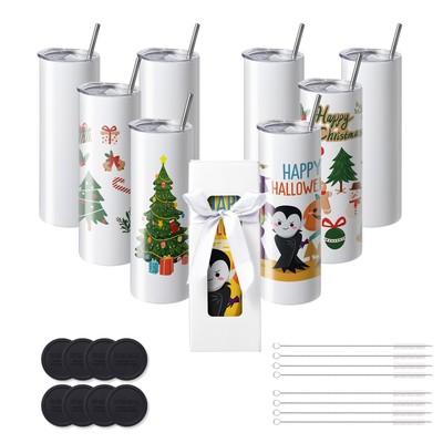 8Pack Straight Sublimation Tumblers Bulk Blank 20oz Stainless Steel White
