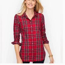 TALBOTS Red Tartan Plaid & Polka Dot Button up Blouse Size Petites P