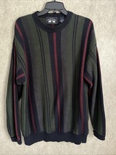 Vintage Woods Gray Sweater Vertical Stripe Blue Green Maroon Grandpa Large