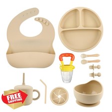 SHGMEET Baby Feeding Set Beige Suction Bowl Spoons Bib