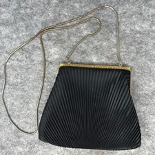 Vintage Regale Satin Black Pleated Evening Bag Gold Mini Rhinestone Kiss Clasp