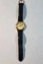 Caravelle by Bulova Men's Gold Tone Watch - Black Leather Band, Day/date