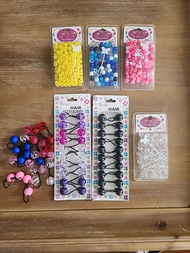 Pink Yellow Blue Clear Hair Beads Accessories Ponytail Holders Lot 6 Kids Hair - Picture 10 of 10