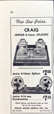 Craig Movie Supply "Junior 8-16mm. Splices  rewinds: Great Gifts" Print Ad 1938