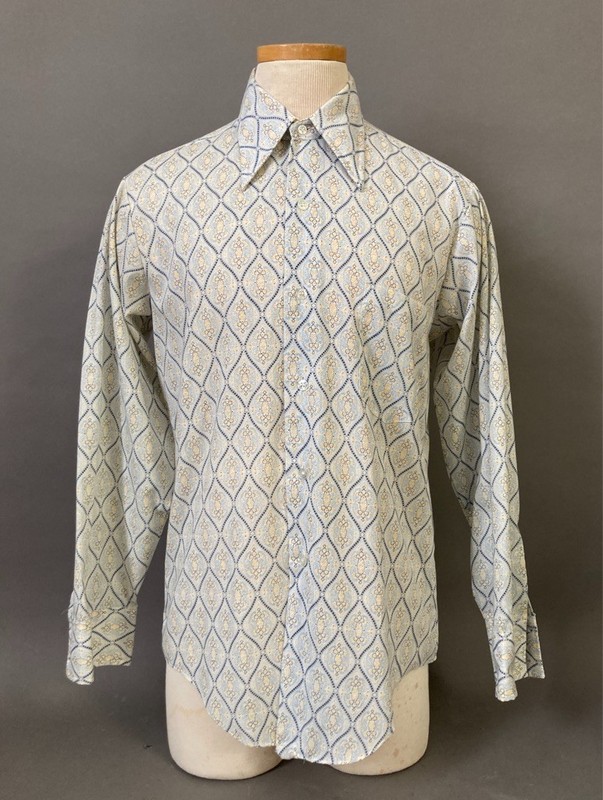 Vintage 1960s Jonathan Hill Design - Blue/Gold Dress Shirt w/Pointed Collar - M