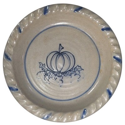 VTG 1995 Rowe Pottery Handmade Pumpkin Pie Plate Dish Blue Stoneware Salt Glaze