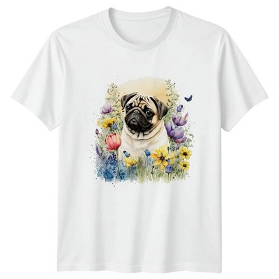 Aquarell Mops Hund im Frühling Blumen Damen T-Shirt Mopsliebhaber Muttertag