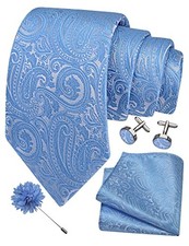 3.15"  8cm  Mens Tie and Lapel Pin Paisley Necktie Hankerchief Light Blue